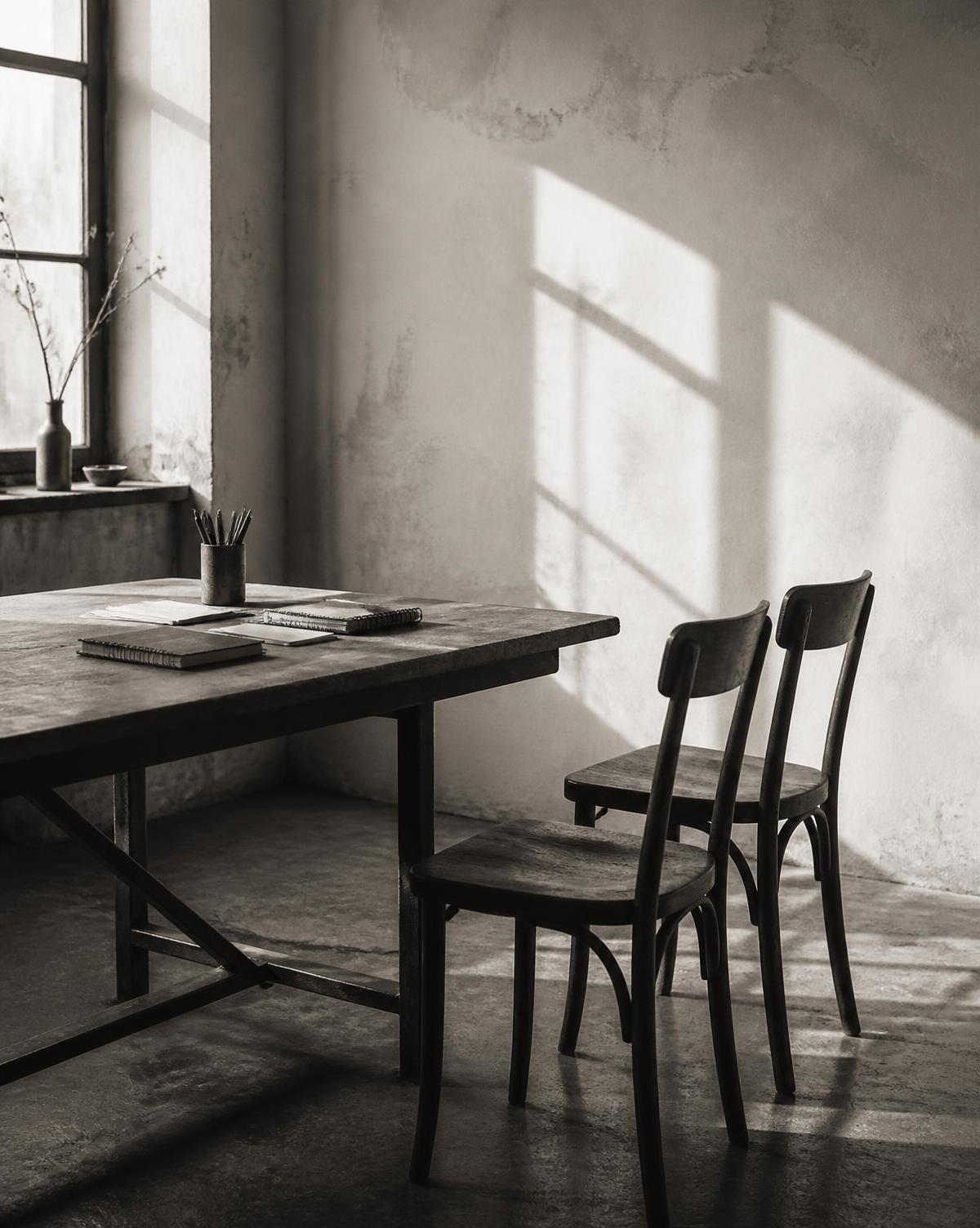 Ruhige Studioecke mit Tisch, Stühlen und Tageslicht – Platzhalter für Teamfotos
